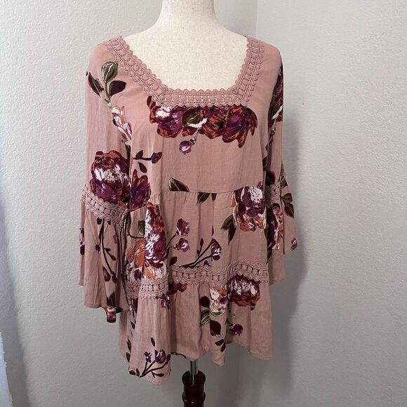 Oddi Womens Tunic Size Small Floral Boho NWT Pink Square Neck Bell Sleeve - Picture 4 of 10